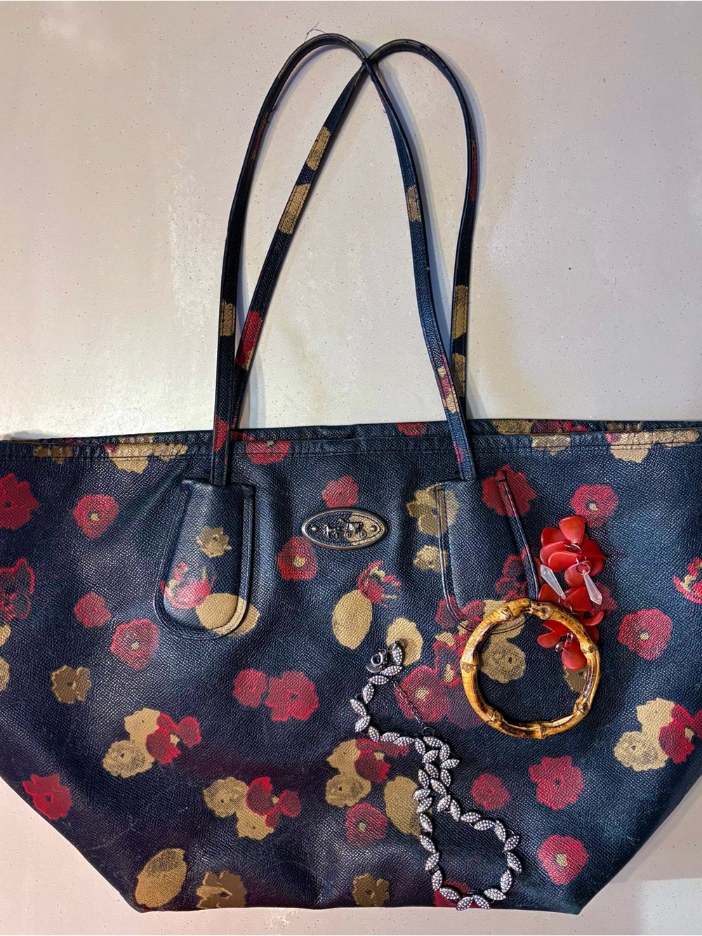 Coach Black Tote with Red and Gold Floral Print